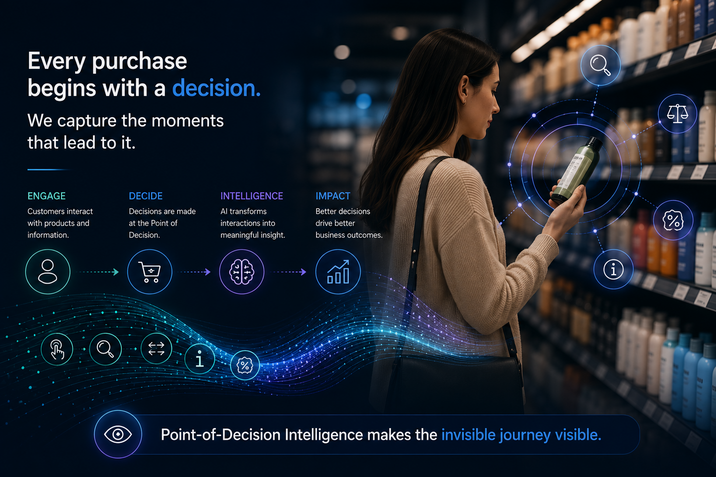 Shopper comparing a product in-store while AI-powered Point-of-Decision Intelligence captures customer engagement before purchase.