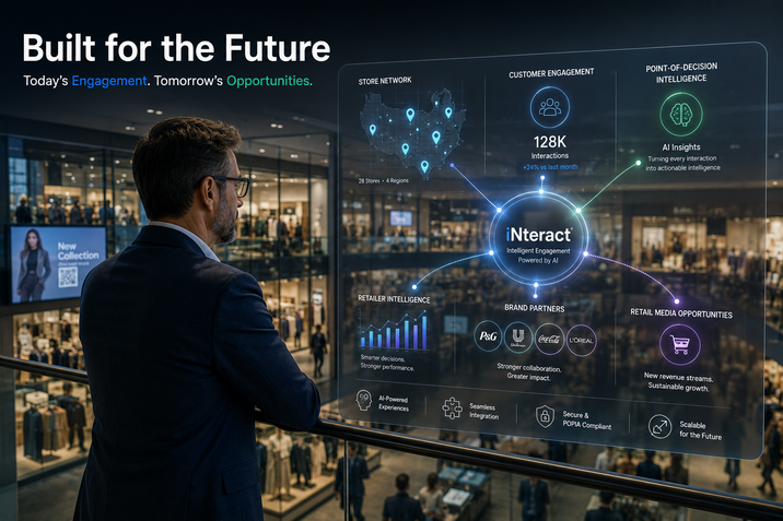 Executive looking over a retail space through an interactive glass dashboard displaying network-wide AI retail intelligence