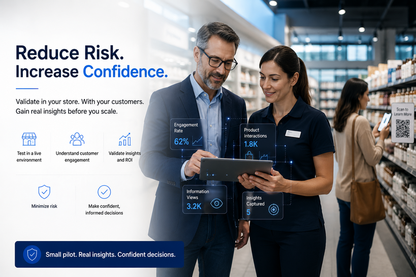 Business professionals analyzing real-time store metrics on a digital tablet